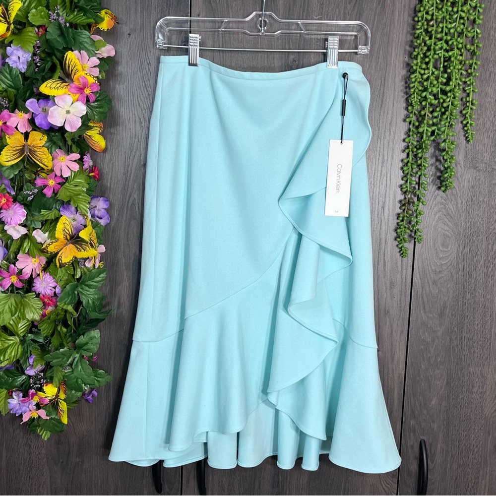 ~-NWT Calvin Klein Tiffany Blue Ruffle Midi Skirt Size 2